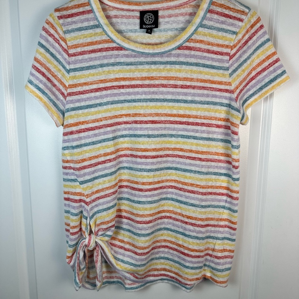 Bobeau Rainbow Stripe Tie Hem Tee Short Sleeve Top Size Medium - Picture 3 of 7